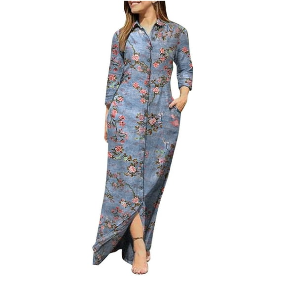 Fesfesfes Women Casual Dress Lapel Collar Long Sleeve Dress With Pocket Floral Printed Long Dresses