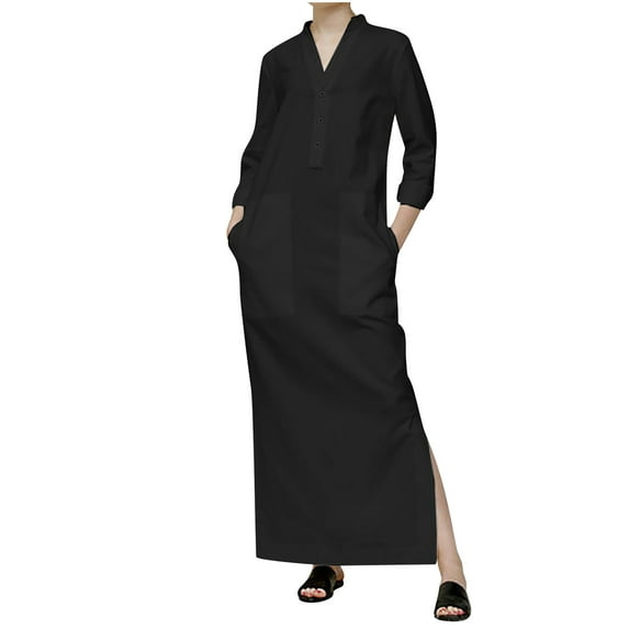 Fesfesfes Clearance Women Casual Dress Sexy V-Neck Solid Spring Button Long Sleeve Pockets Long Dress