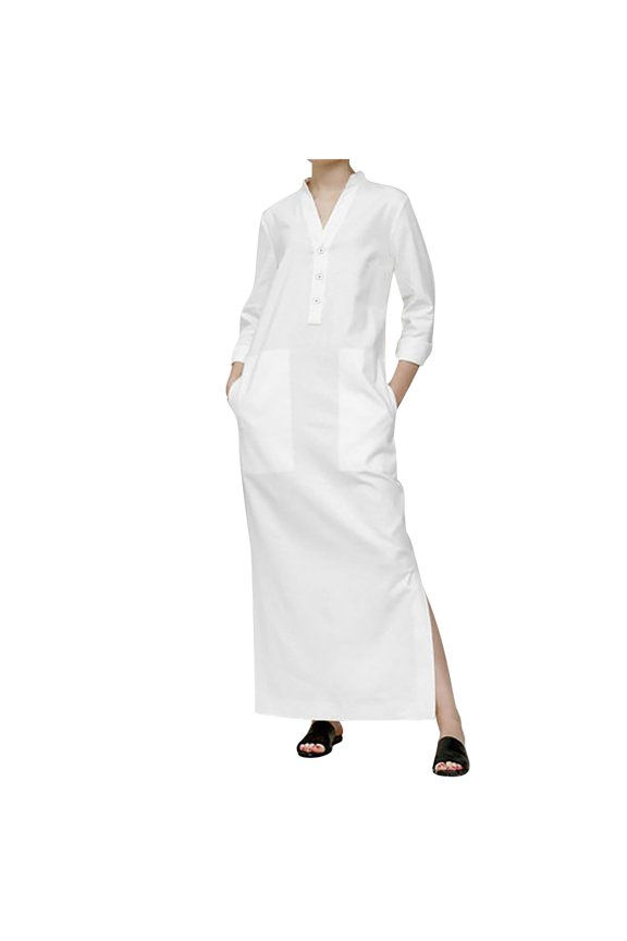 Women Casual Dress V-Neck Solid Spring Button Long Sleeve Pockets Long Dress