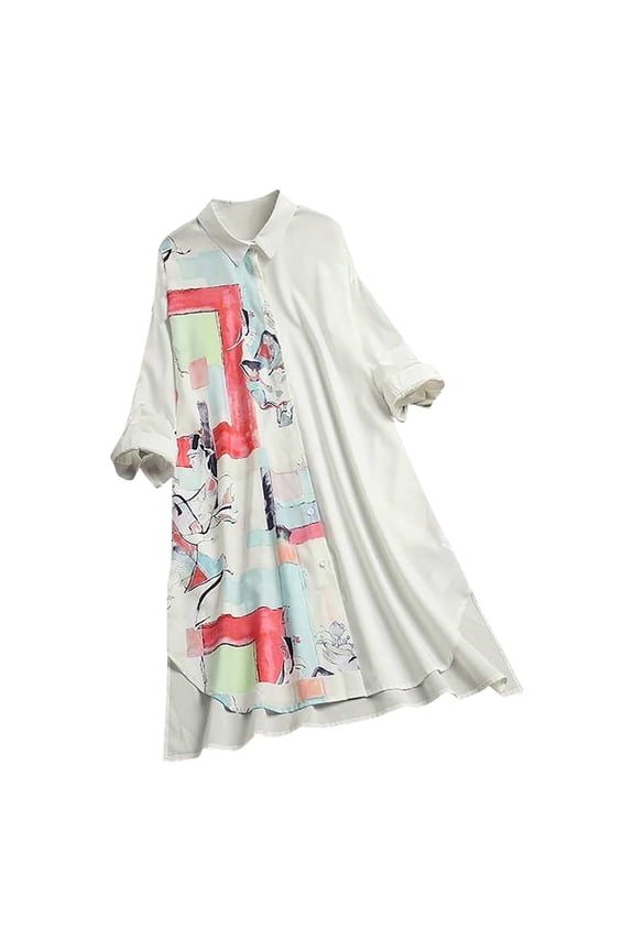 Women Casual Dress Turn-down Collar Long Sleeve Printed Loose Buttons Shirt Dresses