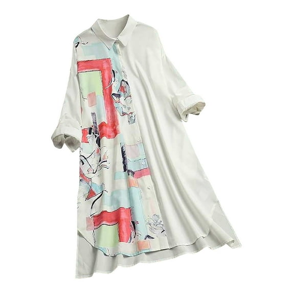 Fesfesfes Women Casual Dress Turn-down Collar Long Sleeve Printed Loose Buttons Shirt Dresses