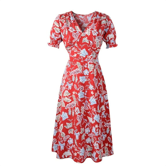 Fesfesfes Women Causual V Neck Dress Chiffon Floral Boho Beach Short Sleeve Dress