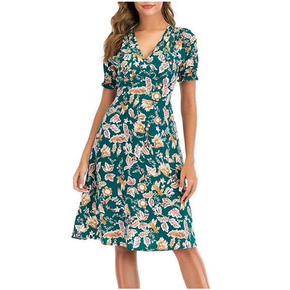 Fesfesfes Clearance Women Causual V Neck Dress Chiffon Floral Boho Beach Short Sleeve Dress