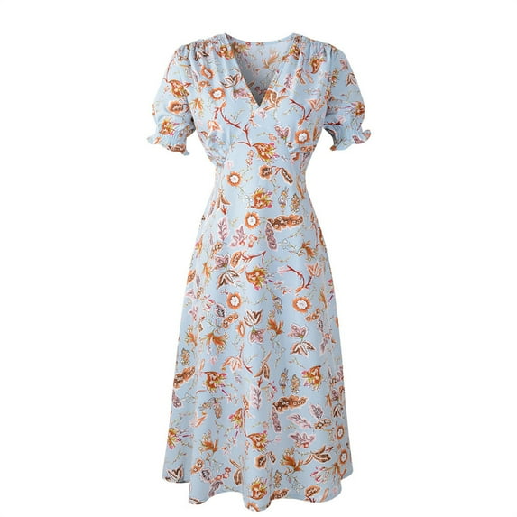 Fesfesfes Clearance Women Causual V Neck Dress Chiffon Floral Boho Beach Short Sleeve Dress