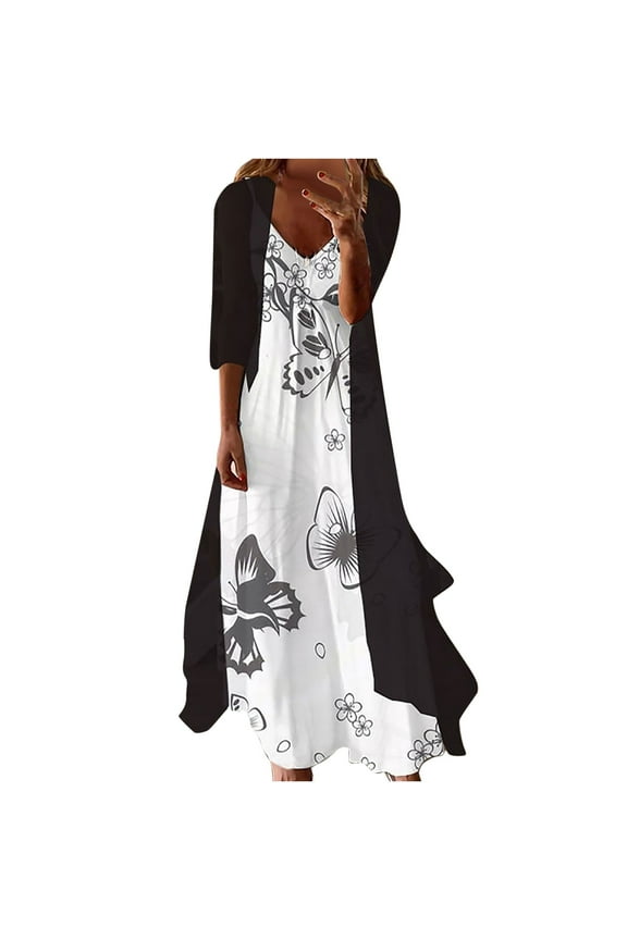 Women Dress 3/4 Sleeve Smock + Dress Two Piece Set Long Dress Beach Maxi Dress