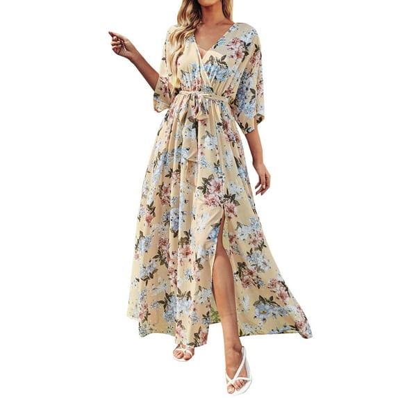 Fesfesfes Clearance Women Dress Casual Half Sleeve Boho Printed V-Neck Split With Belt Dresses