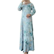 Fesfesfes Women Dress Round Neck Print Loose Long Sleeve Ankle-Length Dress Long Dress
