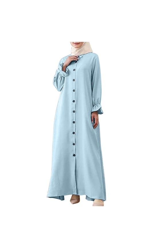 Women Dress Turndown Collar Loose Long Sleeve Mu-slim Dress Solid Ankle-length Dress Long Dress