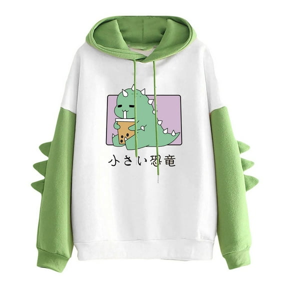 Fesfesfes Women Hooded Tops Casual Hoodie Print Long Sleeve Kawaii Dinosaur Sweatshirt Tops