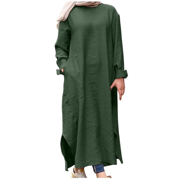 Fesfesfes Women Linen Robe Round Neck Loose Long Sleeve Dress Solid Color Mid-Calf Long Dress