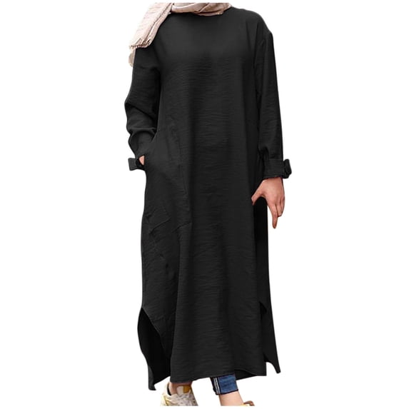 Fesfesfes Women Linen Robe Round Neck Loose Long Sleeve Dress Solid Color Mid-Calf Long Dress