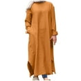 thumbnail image 1 of Fesfesfes Women Linen Robe Round Neck Loose Long Sleeve Dress Solid Color Mid-Calf Long Dress, 1 of 9