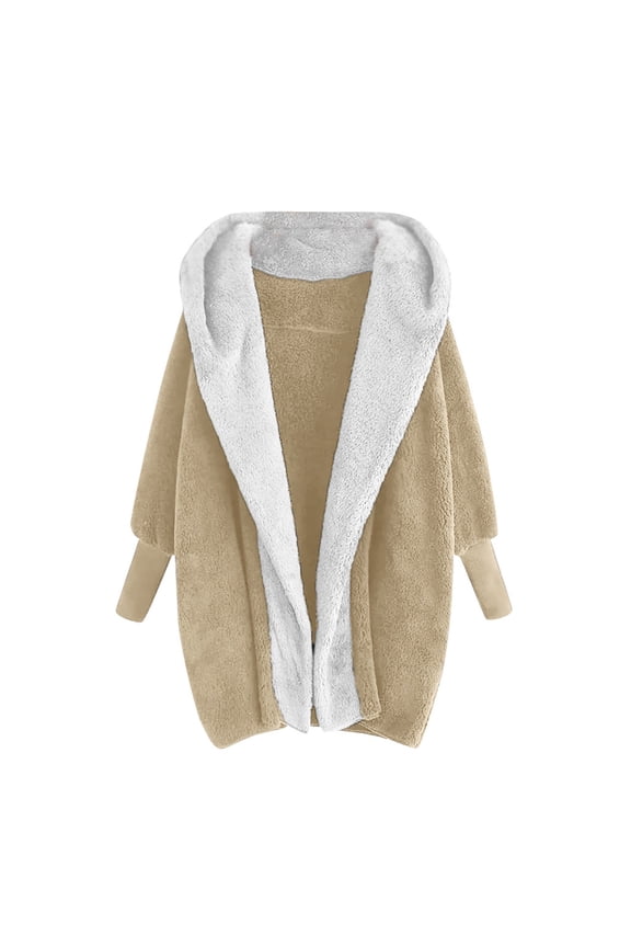 Women Plush Coat Hooded Sweatshirt Dressy Lapel Coat Winter Warm Plush Jacket Tighten Cuff Outwear