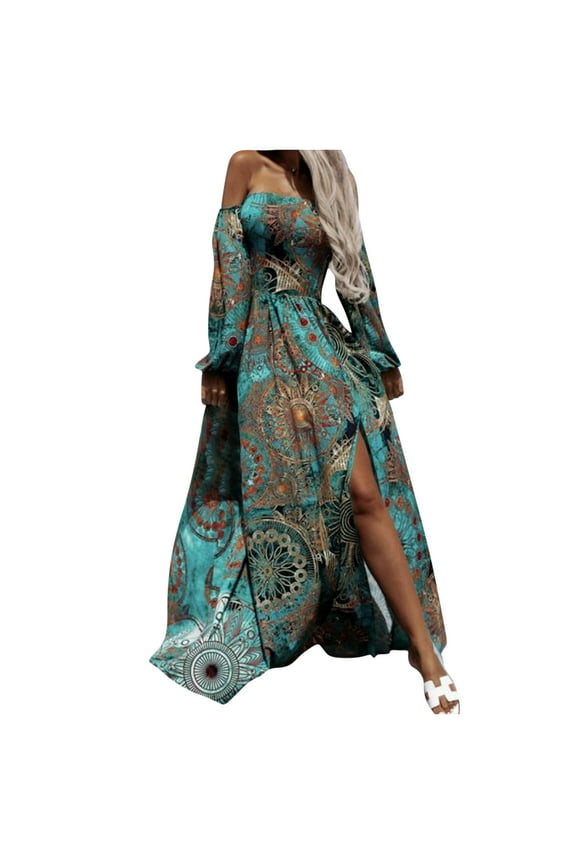 Women Spring Long Sleeves Dre Boho Printing Tube Tops Dress Casual Off Shoulder Holiday Dress Beach Long Dress