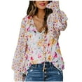 thumbnail image 1 of Fesfesfes Women Tops Basic Floral Printed Blouse Ladies Loose V-Neck Lace Lantern Long Sleeve Chiffon Shirt Top, 1 of 9
