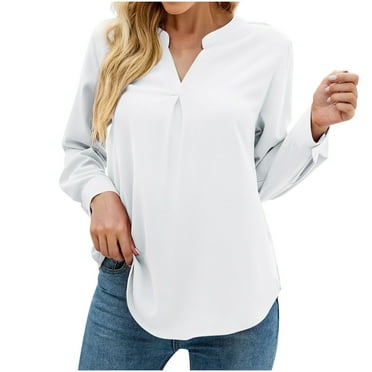 Fesfesfes Women Tops Casual Solid V-Neck Long Sleeve Loose T-Shirt Fall Blouse Pullover Button Tops