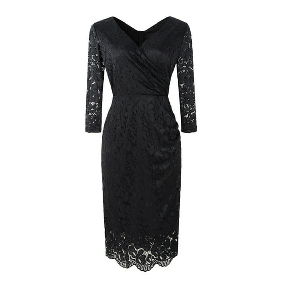 Fesfesfes Women V-Neck Solid Vintage Elegant Midi Evening Dress 3/4 Sleeves Dress