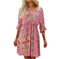 thumbnail image 1 of Fesfesfes Women's Bohemian V-Neck Loose Short Sleeve Print Mini Dress, 1 of 9