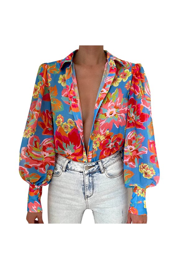 Women's Long Sleeve Blouse Floral Print Button Collar Tops Dressy Blouse V-neck Shirt Pullover Tops