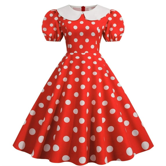 Fesfesfes Women's Vintage Print Round-Neck Short Sleeve Puff Sleeve Polka Dot Swing Dress