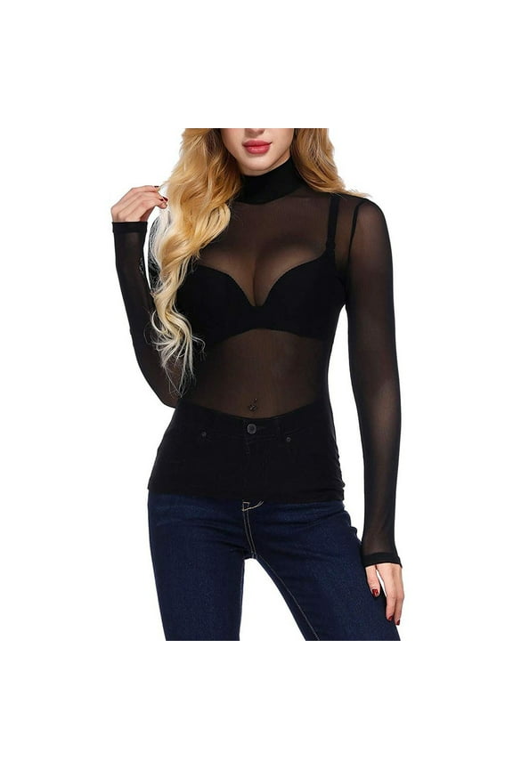 Womens Mesh Bottoming Shirt Long Sleeve High Neck Top Sheer Mesh Yoke Casual Blouse Shirt