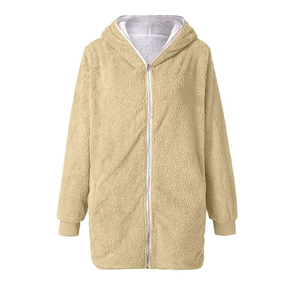 Fesfesfes Womens Plush Jacket Oversized Zip Down Hooded Coat Cardigans Outwear With Pocket
