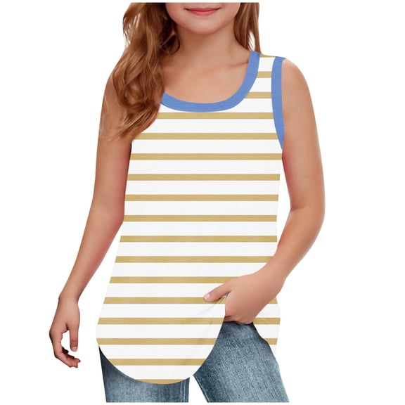 Fesfesfes Workout Tank Tops for Teen Kids Active Casual Dance Crop Sleeveless Girls' Casual Sleeveless Neck Printed Round Neck Top(Light Blue,5-6 Years)