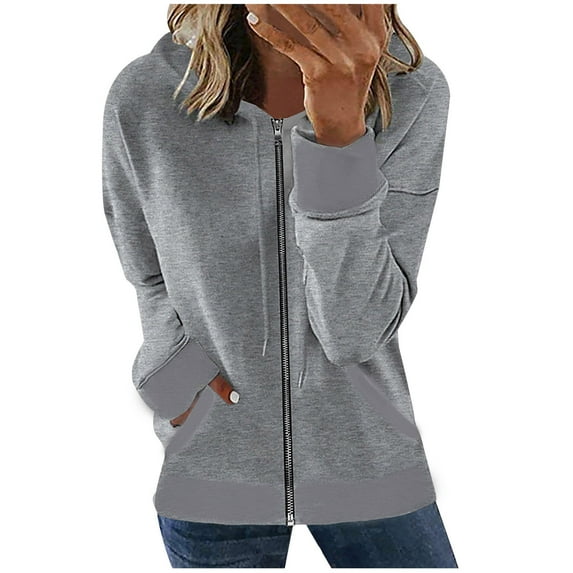 Fesfesfes Coat for Women Casual Solid Hooded Long Sleeve Zipper Drawstring Shirts Tops Coat Sale Items