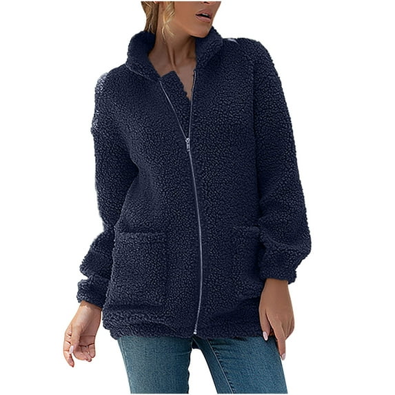 Fesfesfes Coat for Women Fall And Winter Casual Temperament Solid Color Pocket Zip Plush Coat Top