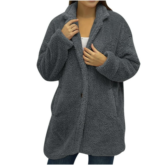 Fesfesfes Coat for Women Long Sleeve Loose Solid Color Button Pocket Lapel Thickened Plush Coat Blouse On Sale