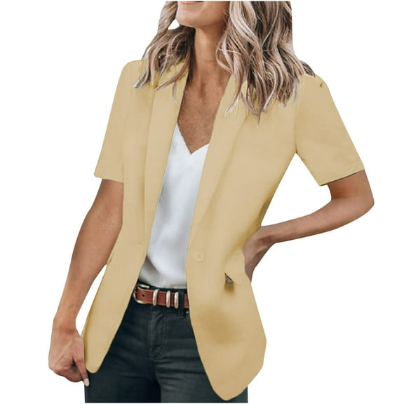 Fesfesfes Coat for Women V-Neck Solid Short Sleeve Pocket Cardigan Casual Outwear