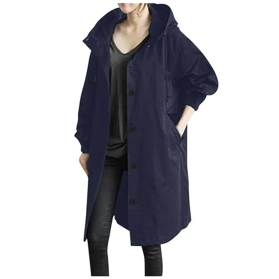 Fesfesfes Coat for Women Solid Color Button Pocket Recreational Hooded Long Sleeve Windbreaker Coat Tops