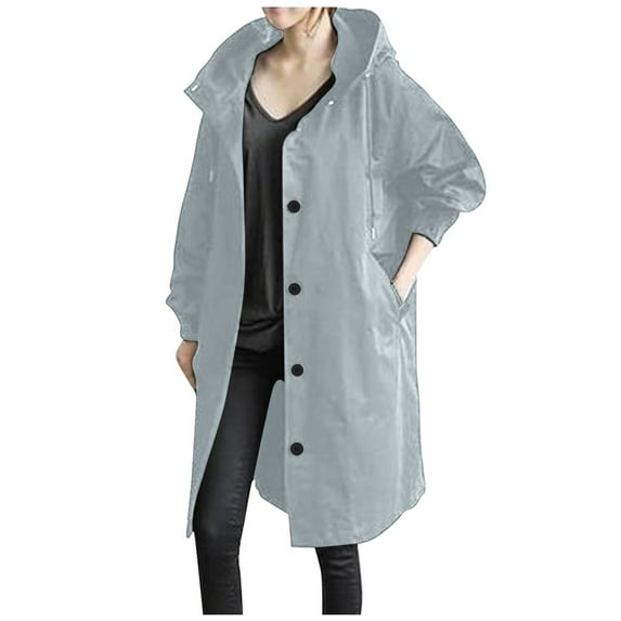 Fesfesfes Coat for Women Solid Color Button Pocket Recreational Hooded Long Sleeve Windbreaker Coat Tops