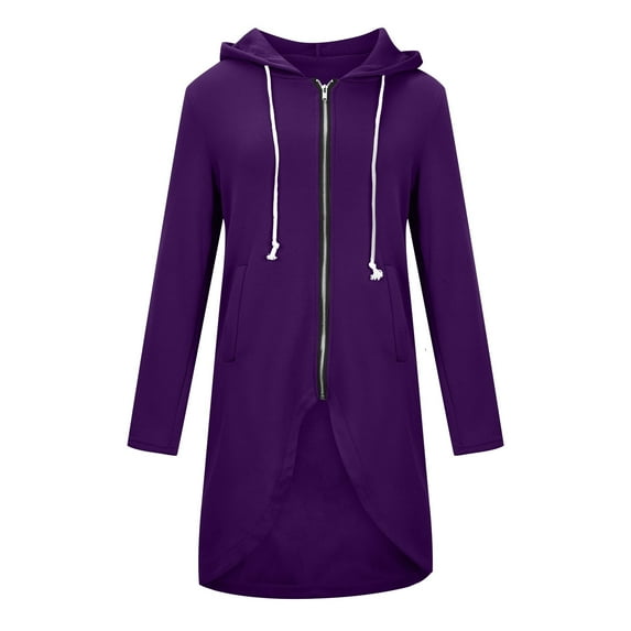Fesfesfes Coat for Women Solid Color Hoodie Zipper Long Sleeve Sweatshirts Irregular Hem Long Coat Tops With Pockets Under $10