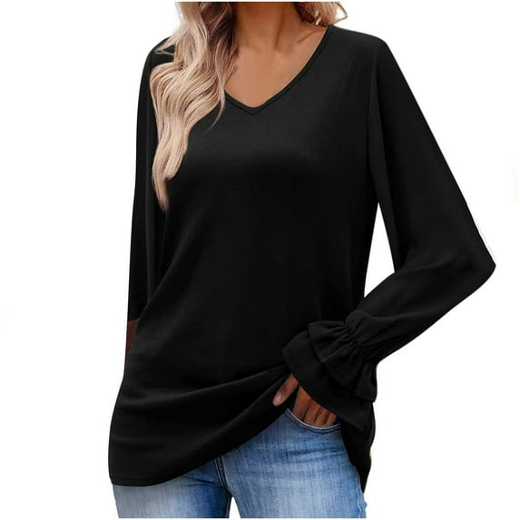 Fesfesfes Coat for Women Solid Color Long Sleeve Flared Sleeve V-Neck Top T-Shirt Blouse