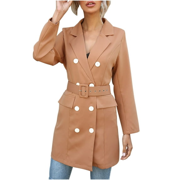 Fesfesfes Coat for Women Spring And Fall Lapel Solid Color Long Sleeve Buttoned Long Belted Blazer Coat On Sale