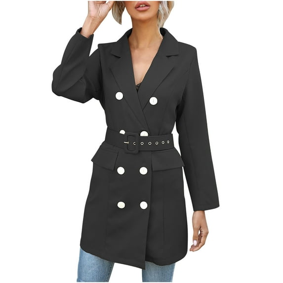 Fesfesfes Coat for Women Spring And Fall Lapel Solid Color Long Sleeve Buttoned Long Belted Blazer Coat Sale Items