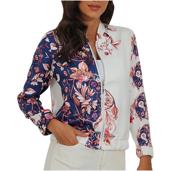 Fesfesfes Coat for Women Spring Fall Print Zip Long Sleeve Slim Fit Jacket