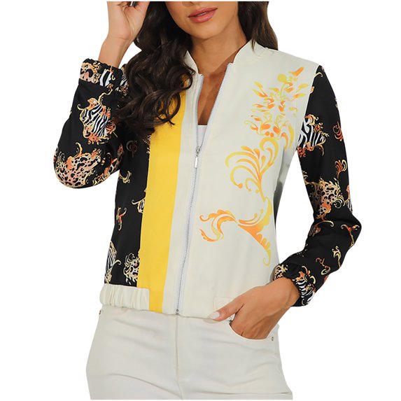 Fesfesfes Coat for Women Spring Fall Print Zip Long Sleeve Slim Fit Jacket On Sale