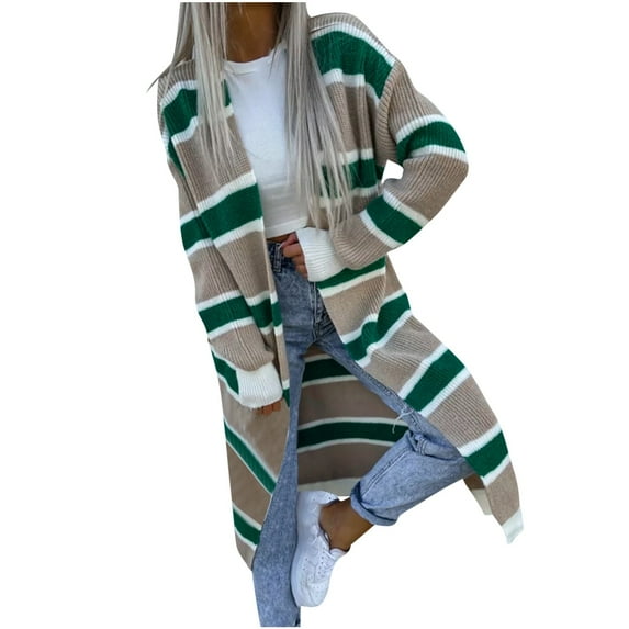 Fesfesfes Coats For Women Winter Casual Striped Long-Sleeved Cardigan Knitted Side Pocket Long-Sleeved Top