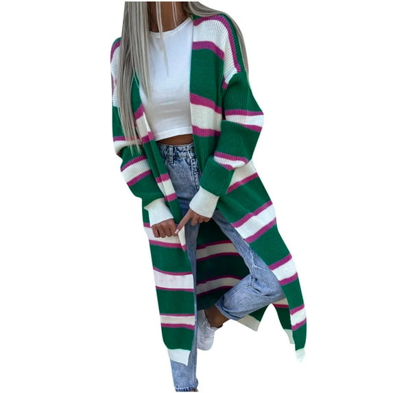 Fesfesfes Coats For Women Winter Casual Striped Long-Sleeved Cardigan Knitted Side Pocket Long-Sleeved Top On Sale