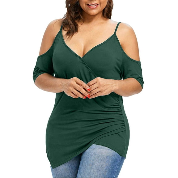 Fesfesfes Cold Shoulder Sling Tops for Women Plus Size Summer Tops Loose V Neck Camisole Solid Color Cross Wrap Tunic Blouse