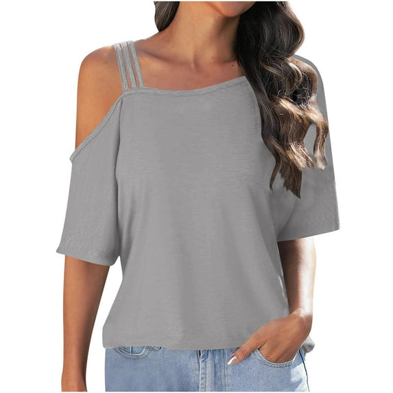 Fesfesfes Cold Shoulder Sling Tops for Women Plus Size Summer Tops Loose V Neck Camisole Solid Color Cross Wrap Tunic Blouse
