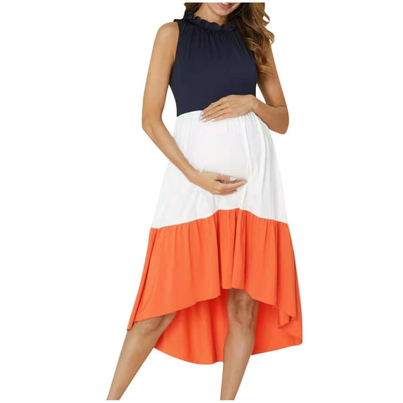 Fesfesfes Color Block Maternity Dress Irregular Hem Fashionable Casual Pregnancy Dress for Women Unique Design Everyday Outfit(Orange,M)