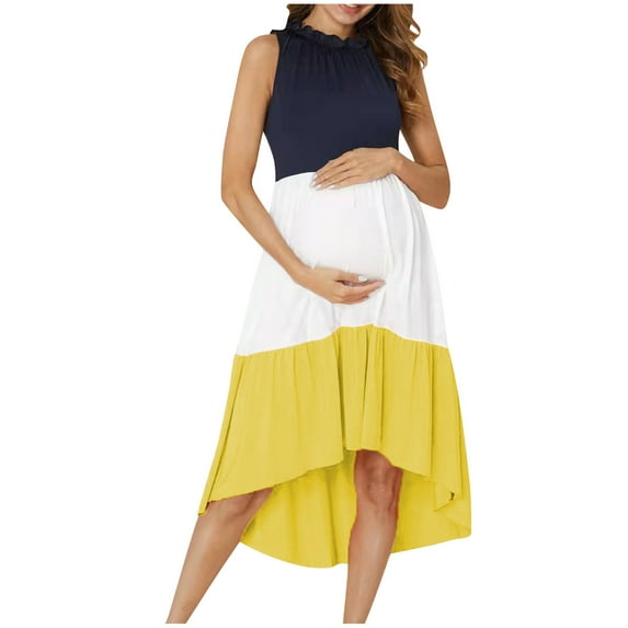 Fesfesfes Color Block Maternity Dress Irregular Hem Fashionable Casual Pregnancy Dress for Women Unique Design Everyday Outfit(Yellow,S)