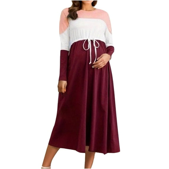 Fesfesfes Color Block Maternity Dress Long Sleeve Lace Up Round Neck Pleated Waist Elegant Pregnancy Dress for Women Special Occasion(Wine,M)