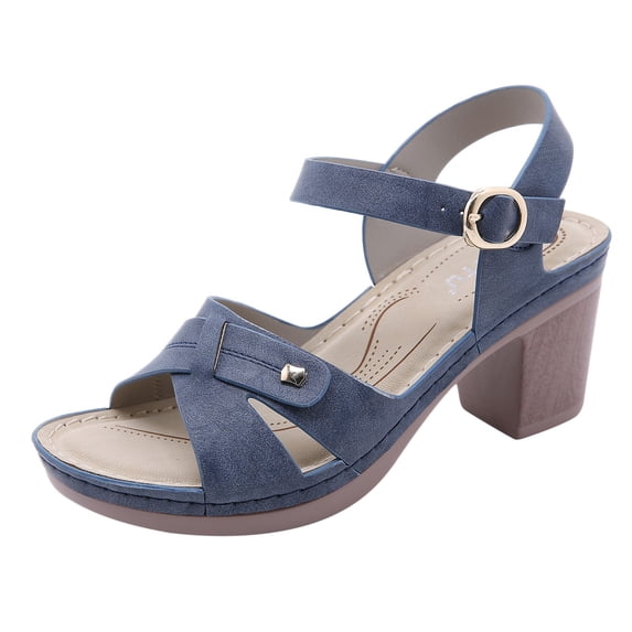 Fesfesfes Cork Sandals For Women Sandals Women Casual Imitation Wood Thick High Heel Elegant Buckle Vintage Roman Shoes 6.5(38)