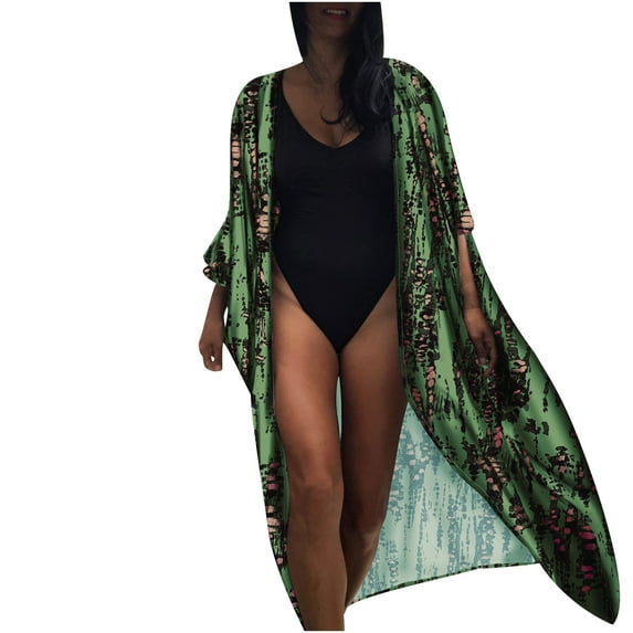 Fesfesfes Coverups for Women Print Chiffon Beach Kimono Long Cardigan Blouse Shawl Loose Tops Cover Up