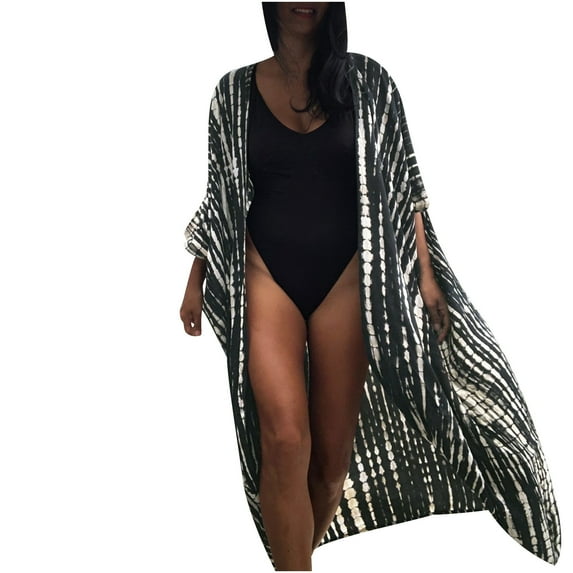 Fesfesfes Coverups for Women Print Chiffon Beach Kimono Long Cardigan Blouse Shawl Loose Tops Cover Up