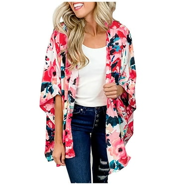 Fesfesfes Coverups for Women Printing Chiffon Beach Kimono Long Cardigan Blouse Shawl Smock Tops